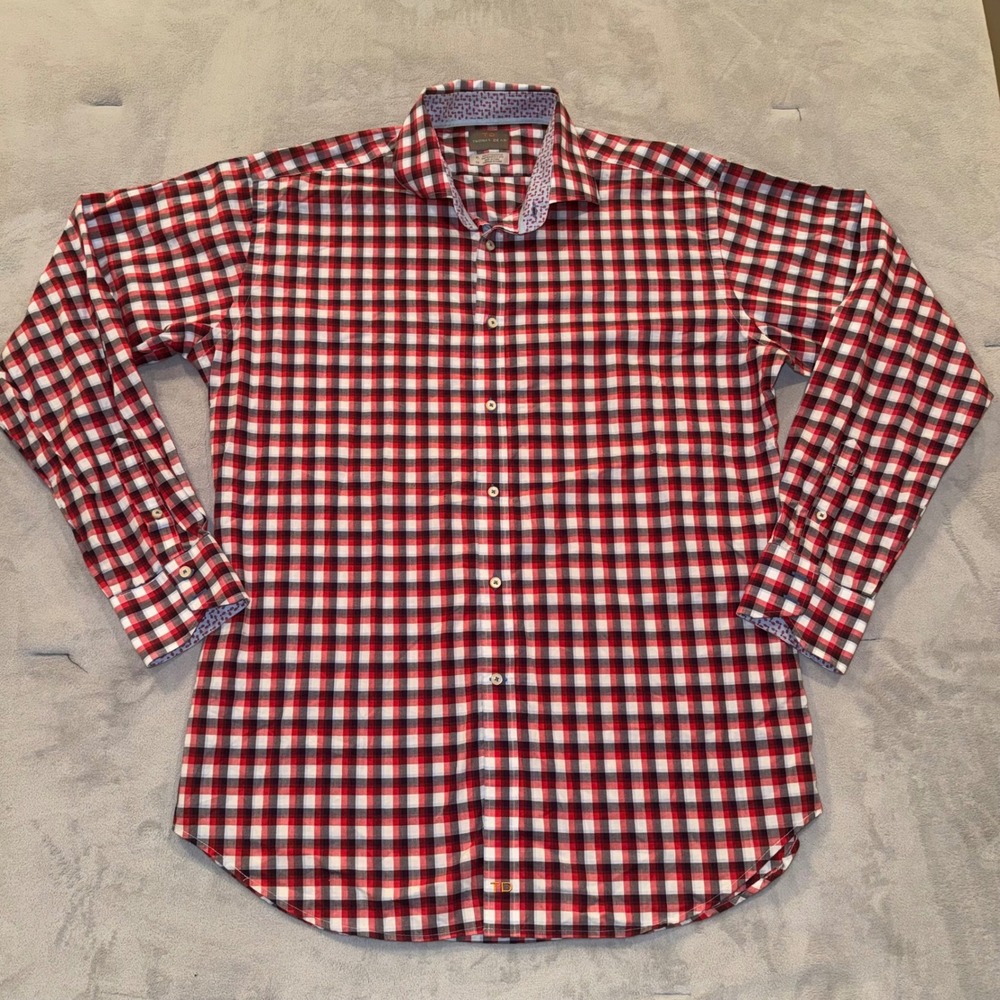 Thomas Dean Mens XL Red White Blue Plaid Cotton Button Down Shirt Long Sleeve